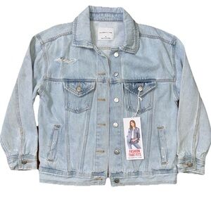 Celebrity Pink Trucker Jacket Distressed Light Blue Denim Jean Women’s Sz Small